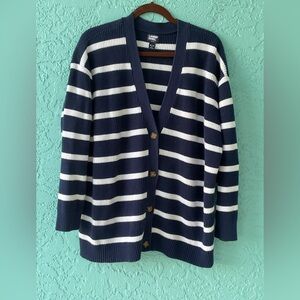 Lands' End Women's Navy and White Button-Up Cotton Cardigan size 18 Petite